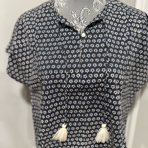 Women L/XL Cotton Boxy Lightweight navy blue Repeat Oval Abstract Pattern Blouse - Picture 12 of 15